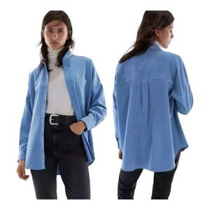 Zara Fine-Waled Corduroy Oversized Blue Button-Up Shirt With Pocket Size XS